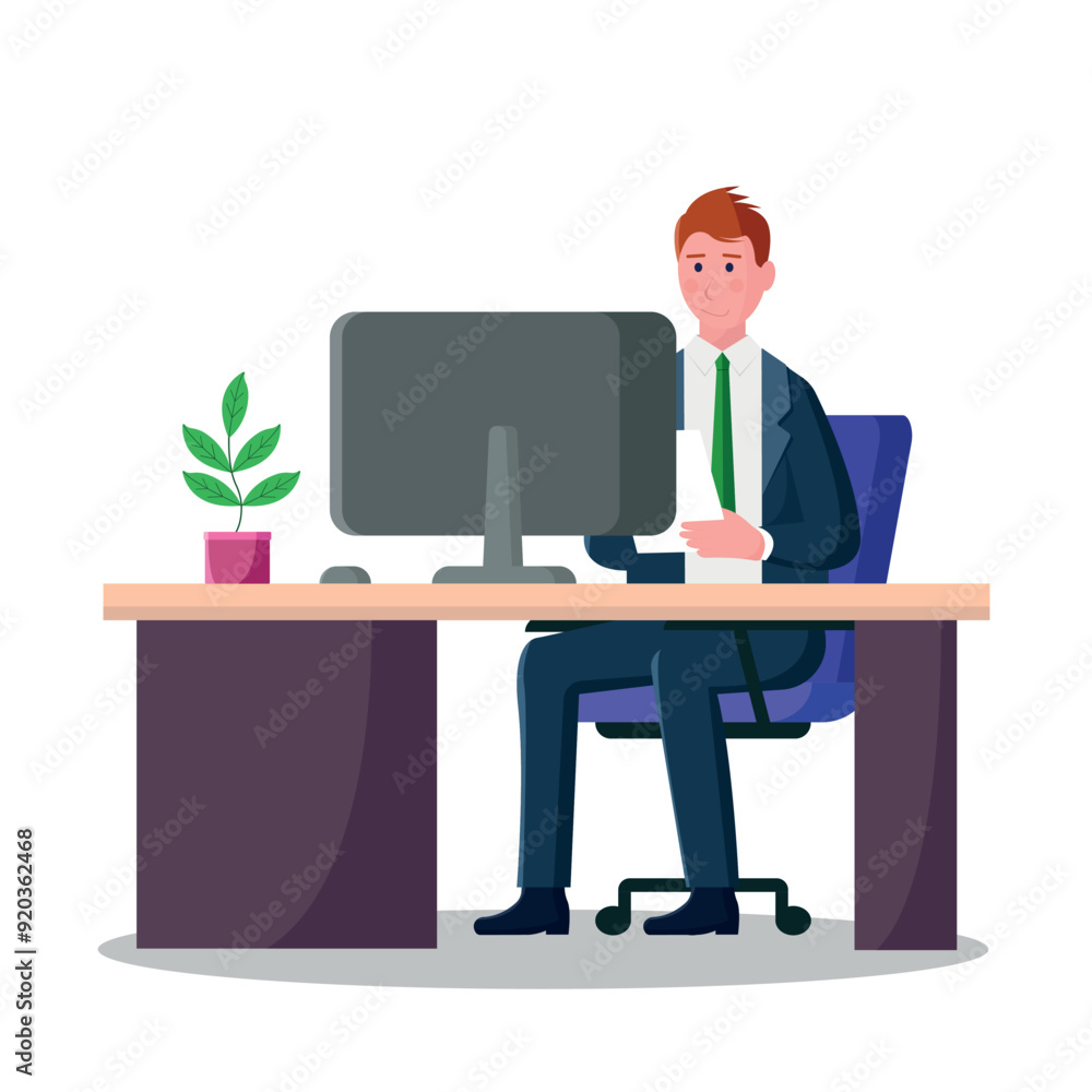 Businessman or office worker sitting at table in front of computer. Workplace. Vector. Businessman or office worker sitting at table in front of computer. Workplace. Vector.