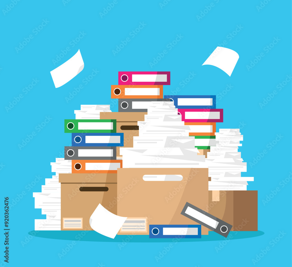 Stack of documents in boxes and folders. Large amount of work. Vector illustration. Stack of documents in boxes and folders. Large amount of work. Vector illustration.