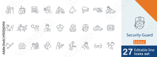 Security Guard editable Icon collection set. containing police van, guard, gun, protection, handcuffs more illustration