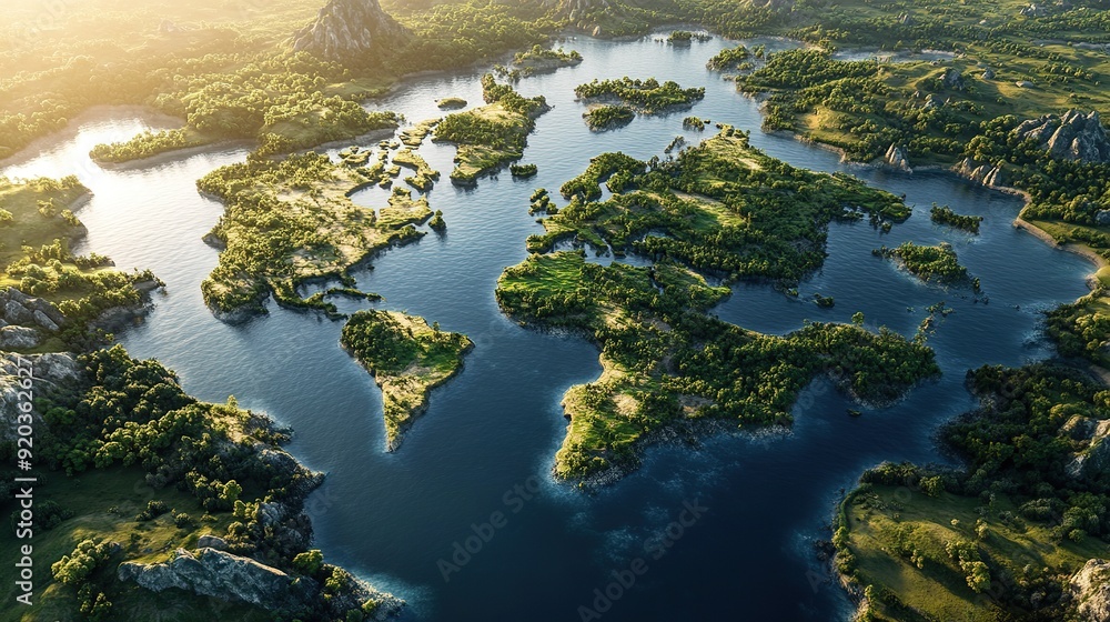 An aerial view of a world map made up of lush green islands surrounded by blue water. An aerial view of a world map made up of lush green islands surrounded by blue water.