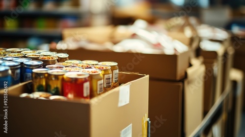 Canned Goods and Packaged Foods Stacked in a Community Food Bank