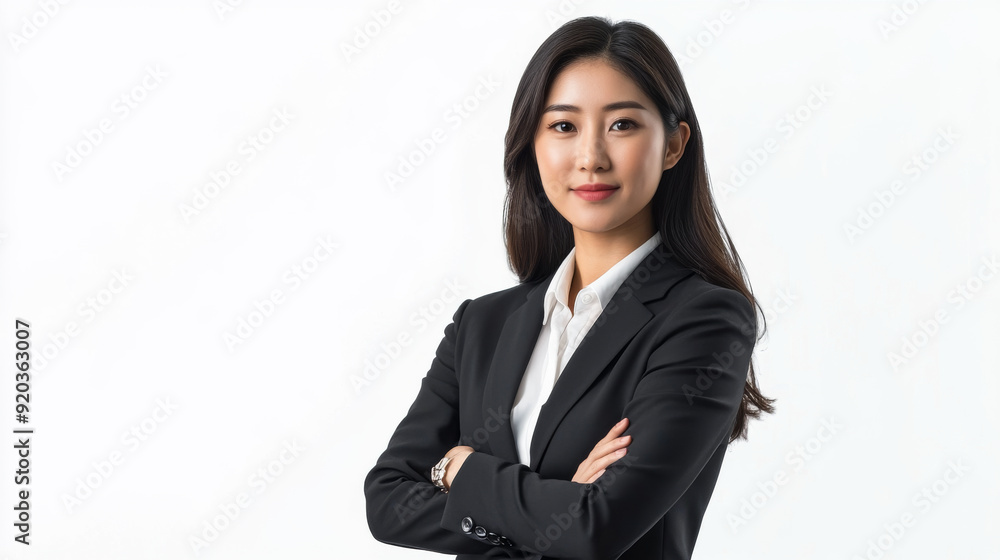Asian business woman arms crossed standing in the white background Asian business woman arms crossed standing in the white background