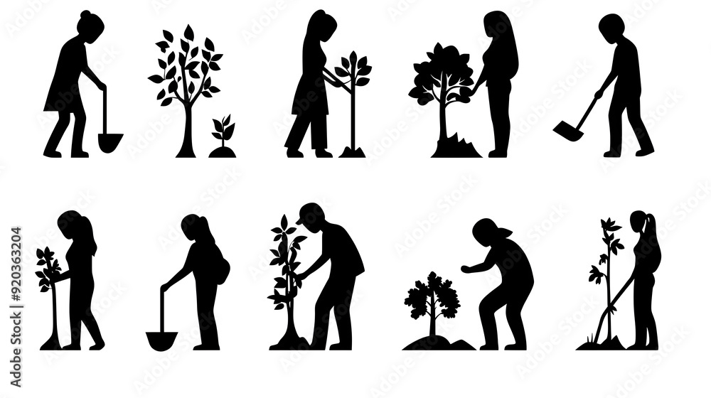 Obraz premium Siluet kegiatan menanam pohon dan merawat tanaman.