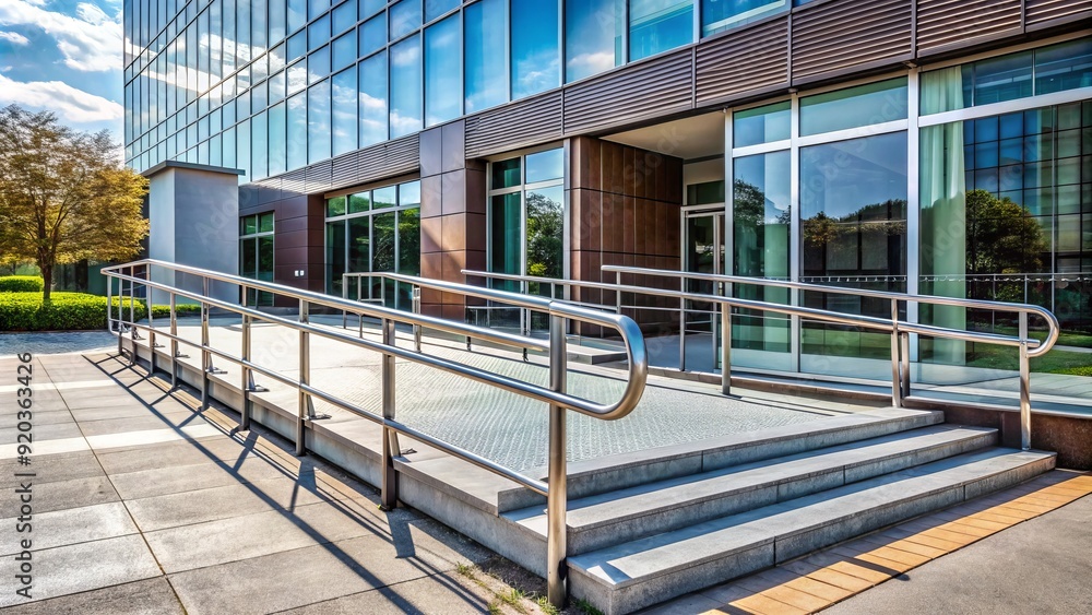 A wheelchair ramp leads up to a modern building's entrance, symbolizing ...