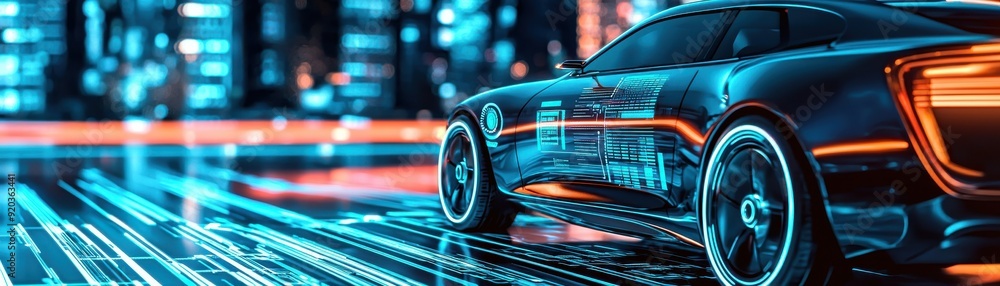 A sleek futuristic car illuminated by vibrant blue and orange lights, set against a digital background of interconnected lines. A sleek futuristic car illuminated by vibrant blue and orange lights, set against a digital background of interconnected lines.