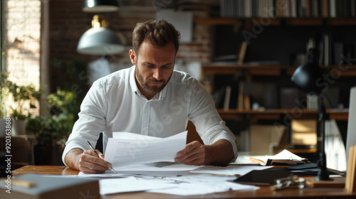 Businessman reviewing documents at his desk