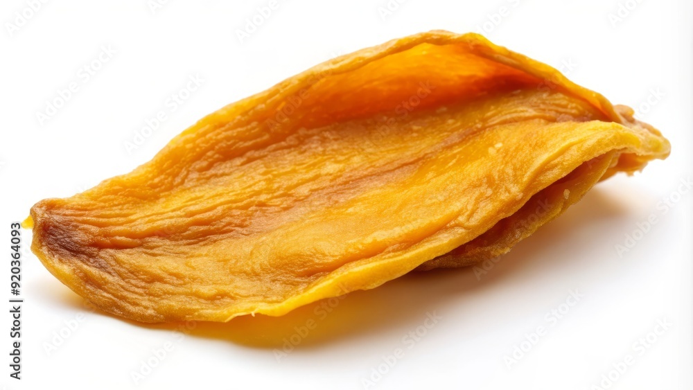 Beautifully lit, isolated dried mango slice with wrinkled, golden brown skin and a sweet, chewy texture, resting on a clean, white background. Beautifully lit, isolated dried mango slice with wrinkled, golden brown skin and a sweet, chewy texture, resting on a clean, white background.