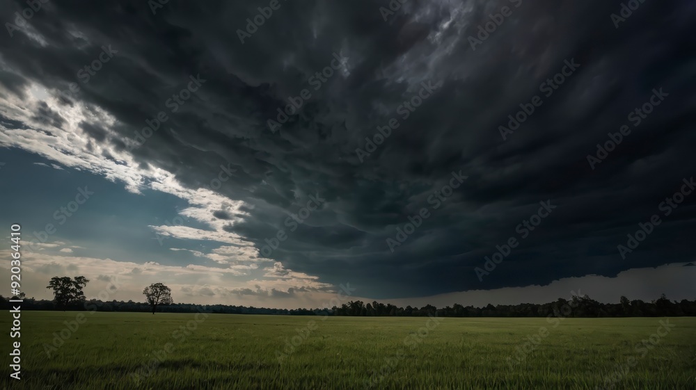 Obraz premium Moody field under dark cloudy sky 