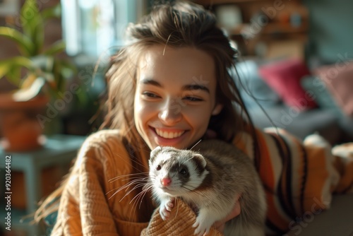 A smiling woman holds a ferret in her arms, close-up portrait. photo