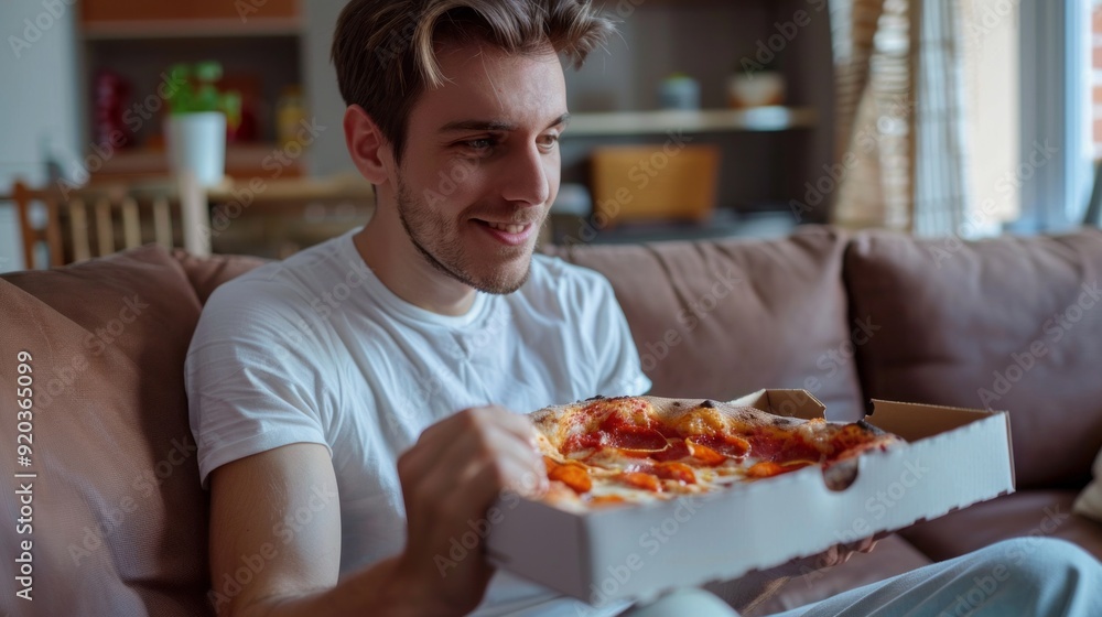 A man is sitting on a couch with a pizza box in his hand A man is sitting on a couch with a pizza box in his hand