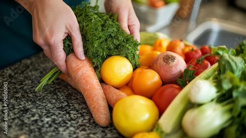 hands holding fresh fruits and vegetables on a kitchen counter photo