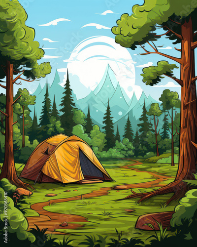 A serene camping scene featuring a yellow tent nestled among lush trees and majestic mountains under a bright blue sky.