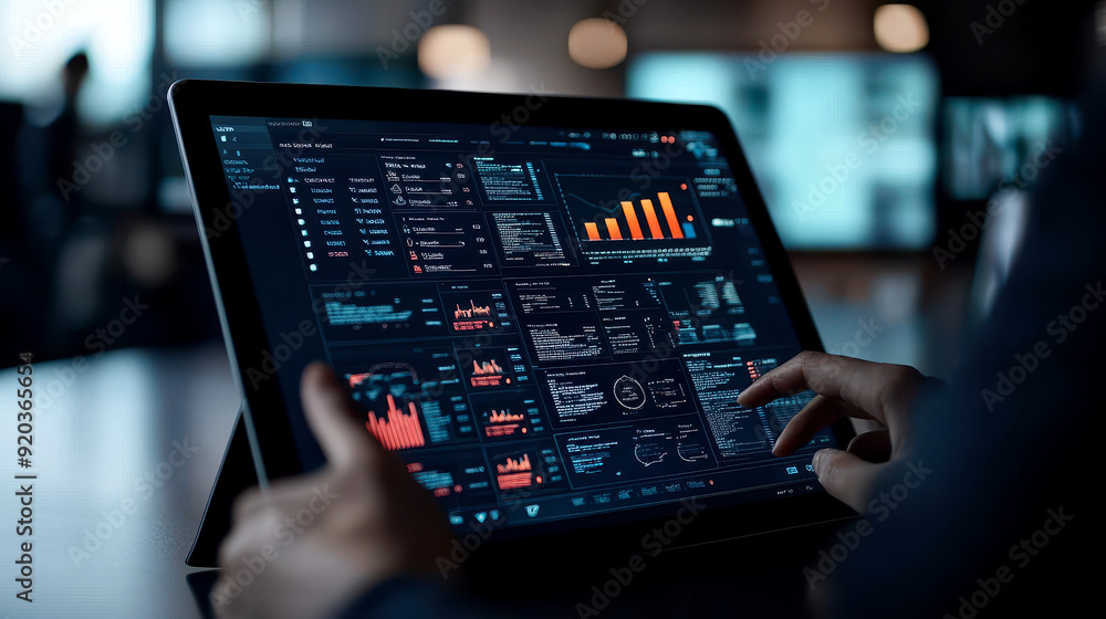 Fototapeta premium A professional analyzing data on a tablet, showcasing graphs and metrics for effective decision-making in a modern workspace.