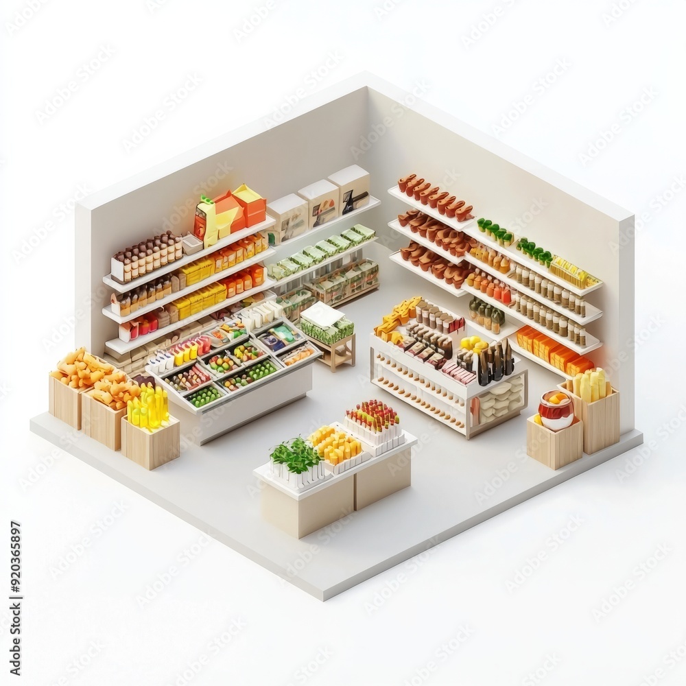 3D Render of a streamlined grocery store with a minimalist design and efficient layout 3D Render of a streamlined grocery store with a minimalist design and efficient layout