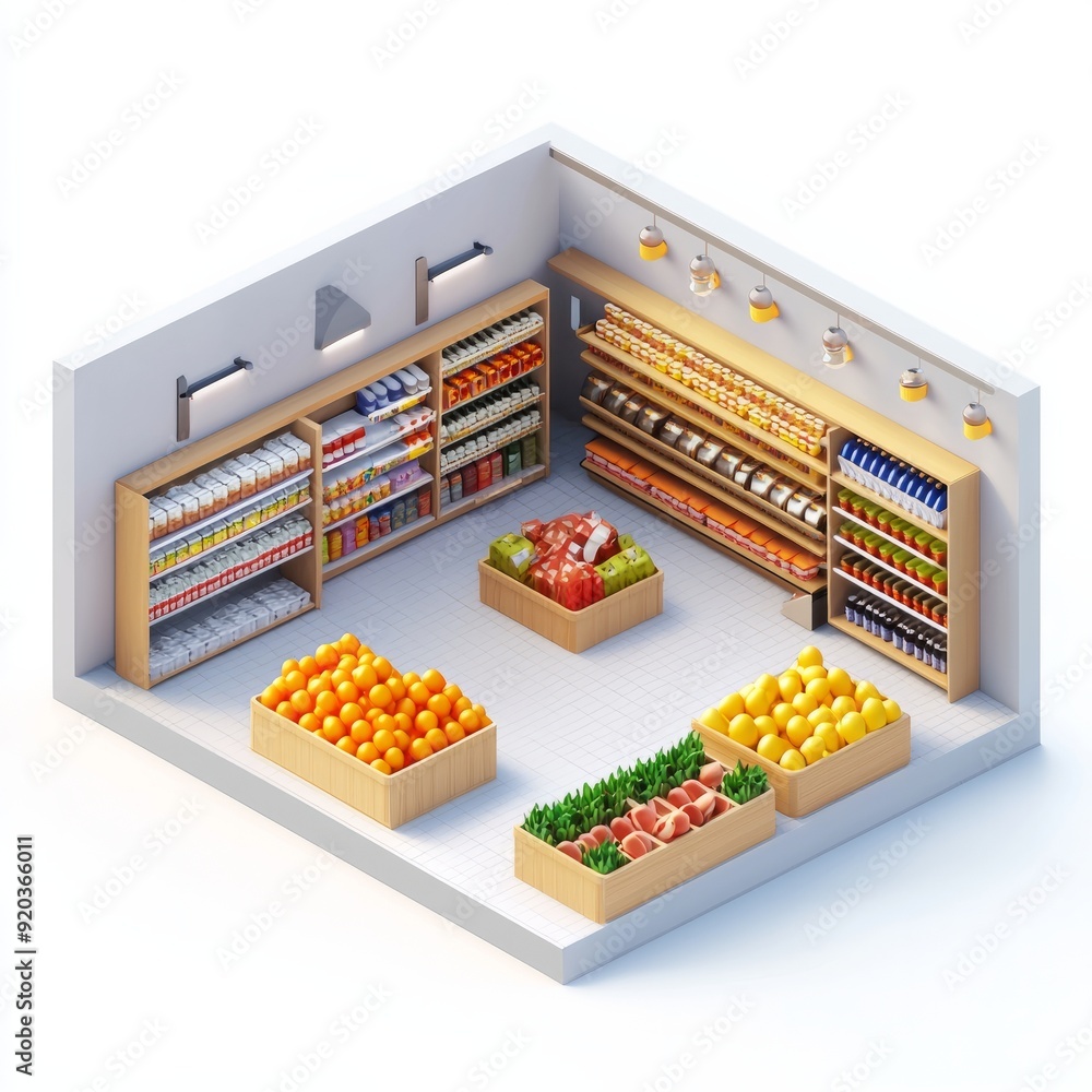 3D Render of a streamlined grocery store with a minimalist design and efficient layout 3D Render of a streamlined grocery store with a minimalist design and efficient layout