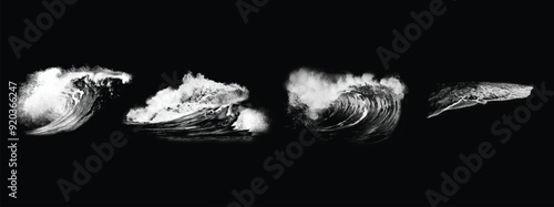Set of breaking ocean waves isolated on dark background. Water splashes. Black and white illustration	