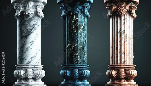 Antique marble columns isolated on dark back. 