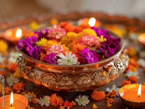 A beautifully arranged bowl of colorful flowers surrounded by flickering candles, creating a serene festive ambiance.