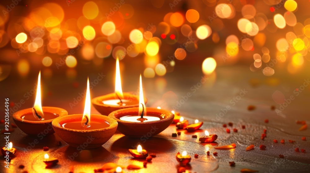 Four lit candles create a warm, inviting glow, perfect for festive occasions and celebrations, spreading joy and tranquility.