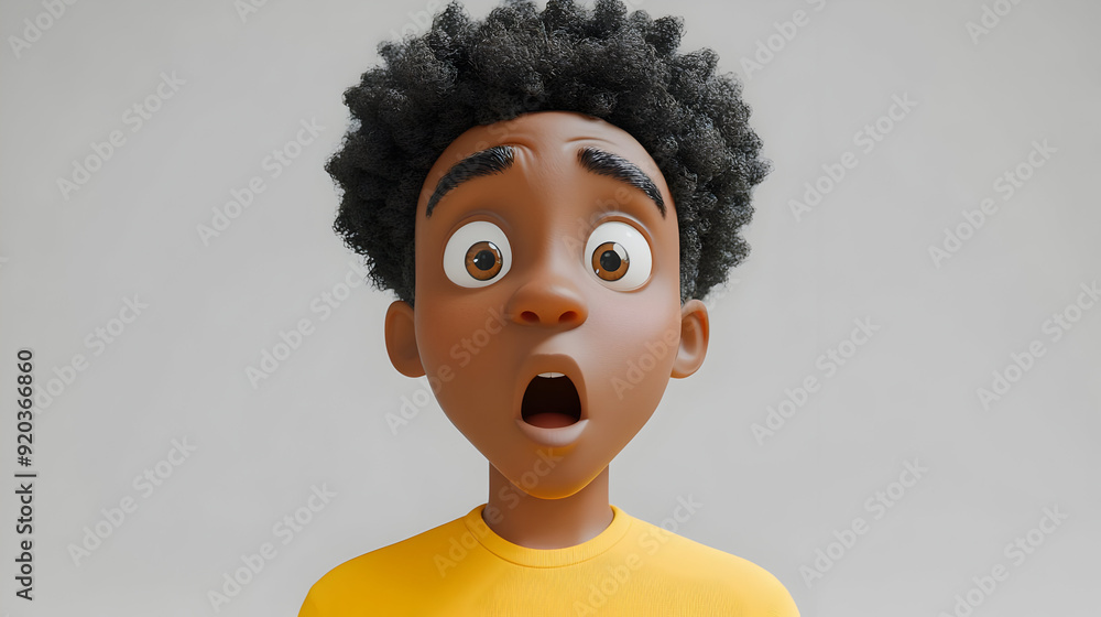 A surprised young boy with curly hair and wide eyes, wearing a yellow shirt. A surprised young boy with curly hair and wide eyes, wearing a yellow shirt.