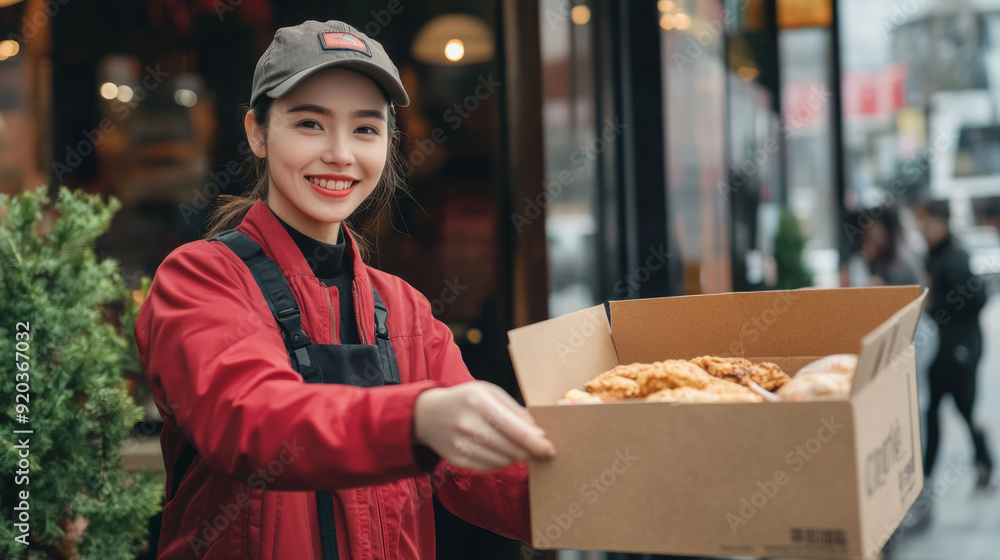 Fast food delivery person handing over an order in front of a restaurant Fast food delivery person handing over an order in front of a restaurant