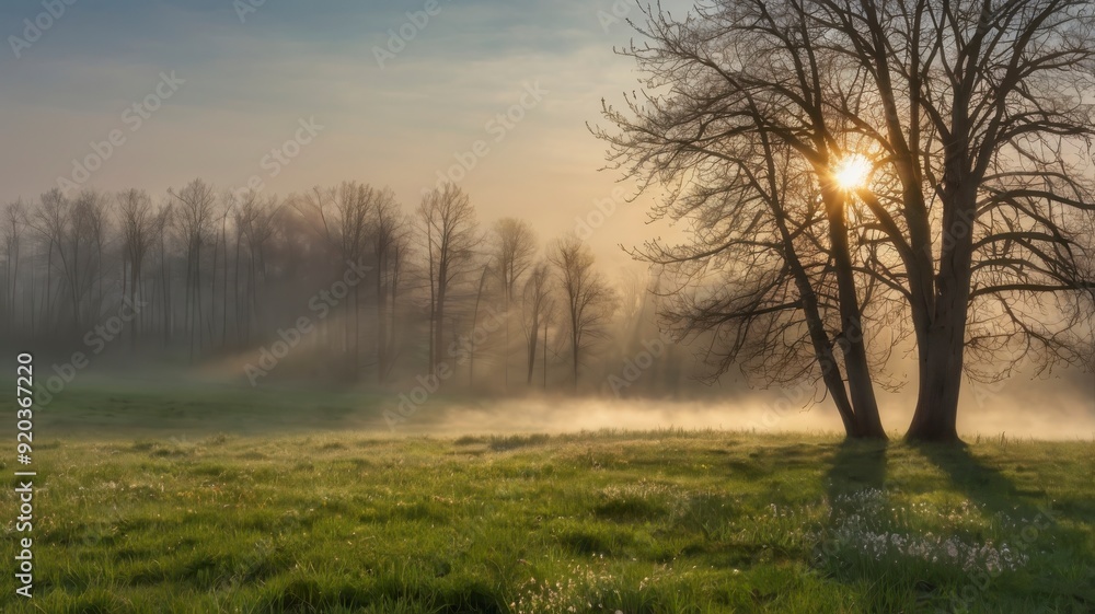 Spring meadow with morning fog and sun Spring meadow with morning fog and sun