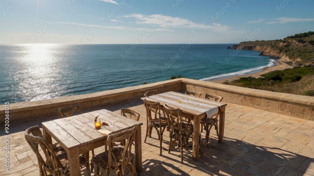 Table by the sea with sun and beach view