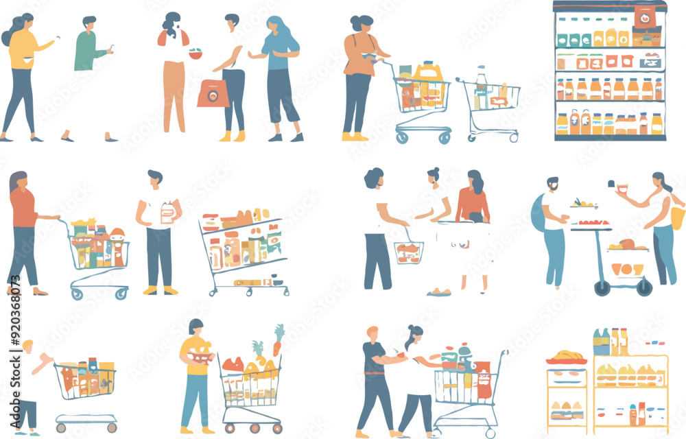Set of different customers in a grocery store. People make purchases of food and drinks Vector flat illustrations on a white background Set of different customers in a grocery store. People make purchases of food and drinks Vector flat illustrations on a white background