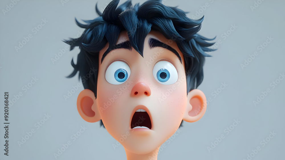 A surprised animated boy with messy hair and wide eyes, conveying shock or amazement. A surprised animated boy with messy hair and wide eyes, conveying shock or amazement.