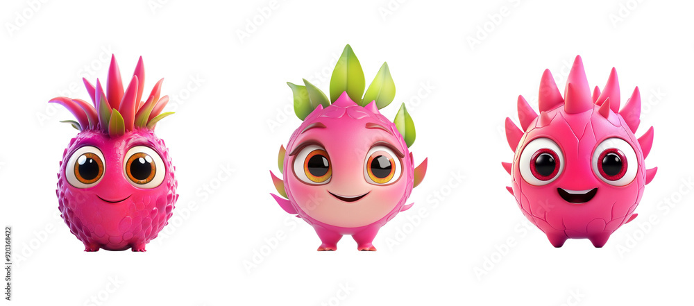 A cute pink dragon fruit cartoon character with big eyes, smiling and looking at the camera against a white background A cute pink dragon fruit cartoon character with big eyes, smiling and looking at the camera against a white background