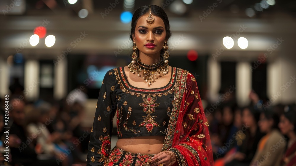 A striking model walks the runway showcasing intricate ethnic fashion, blending tradition with modern elegance at a vibrant event. A striking model walks the runway showcasing intricate ethnic fashion, blending tradition with modern elegance at a vibrant event.