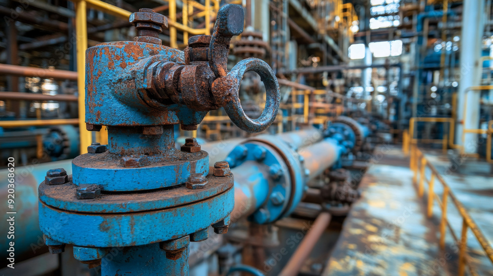 Industrial pipes and valves in an oil refinery Industrial pipes and valves in an oil refinery