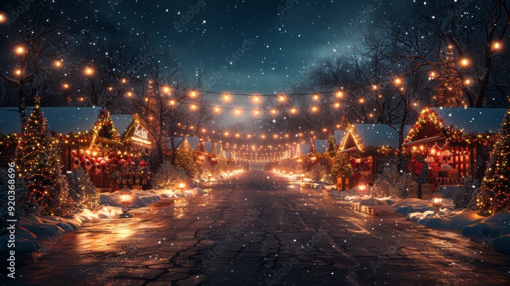 Festive Christmas Market with Snow Covered Stalls and Snowy Backdrop Festive Christmas Market with Snow Covered Stalls and Snowy Backdrop