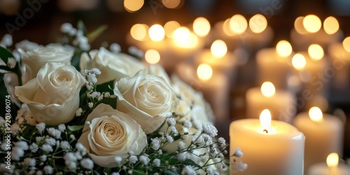 Elegant White Candles and Roses for a Memorial Service