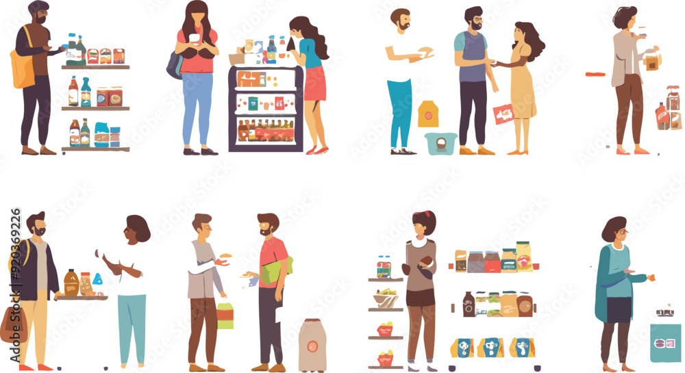 Obraz premium Set of different customers in a grocery store. People make purchases of food and drinks Vector flat illustrations on a white background
