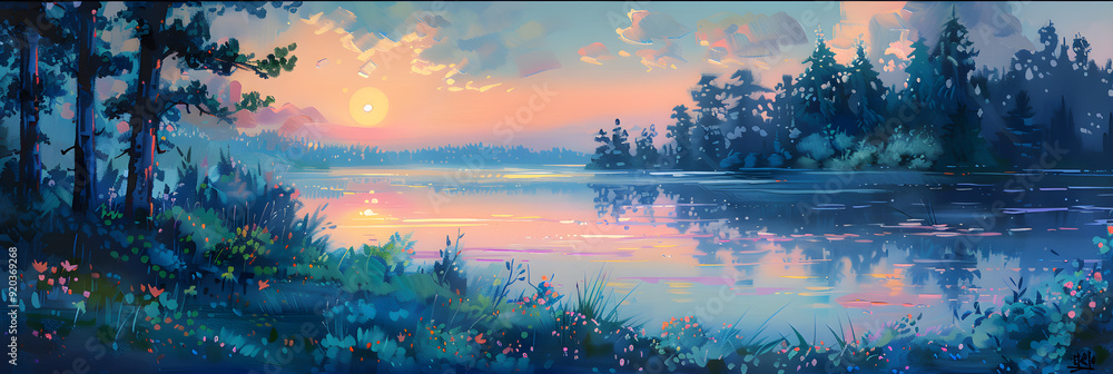 Serene Lakeside Dawn in Gouache - Tranquil Morning Reflections by the Water with Pastel Sunrise Serene Lakeside Dawn in Gouache - Tranquil Morning Reflections by the Water with Pastel Sunrise