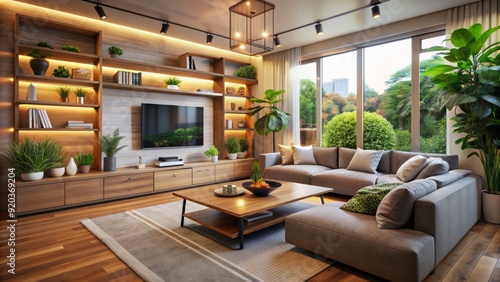 Wallpaper Mural Cozy living room with large screen TV, comfortable sectional sofa, and modern coffee table, surrounded by warm-lit shelves and a few potted plants. Torontodigital.ca