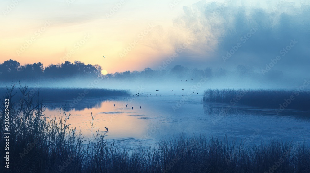Fototapeta premium Misty Sunrise over Still Water
