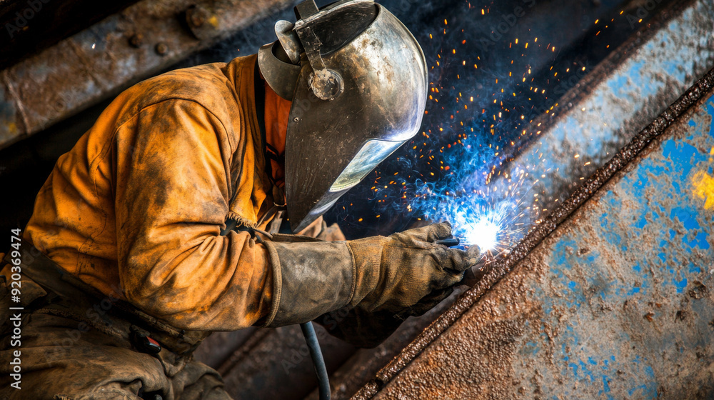 Industrial welder in protective gear welding a metal structure Industrial welder in protective gear welding a metal structure