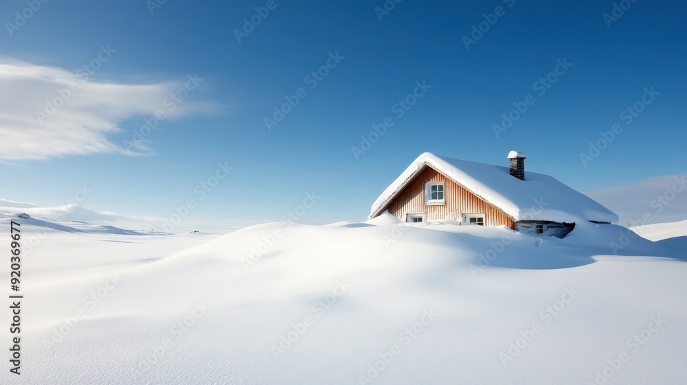 A house buried in snow, with collapsed roof and broken doors after a snowstorm. A house buried in snow, with collapsed roof and broken doors after a snowstorm.