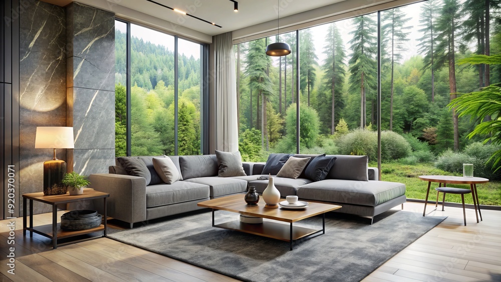 Cozy modern living room with sleek gray sofa, marble coffee table, and floor-to-ceiling windows overlooking a lush green forest, exuding serenity and luxury. Cozy modern living room with sleek gray sofa, marble coffee table, and floor-to-ceiling windows overlooking a lush green forest, exuding serenity and luxury.