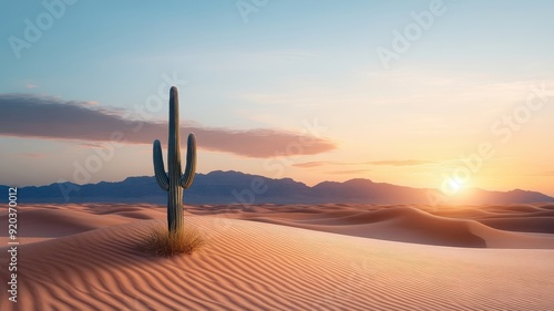 Serene desert landscape with soft sand dunes, a setting sun, and a lone cactus silhouetted against the colorful sky.