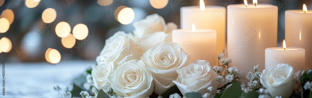 Elegant White Candles and Roses for a Memorial Service Elegant White Candles and Roses for a Memorial Service