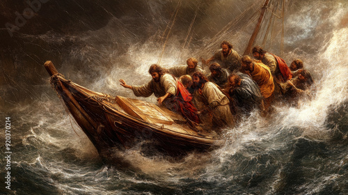 Jesus calming the storm while on a boat with his disciples
