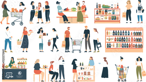 Set of different customers in a grocery store. People make purchases of food and drinks Vector flat illustrations on a white background