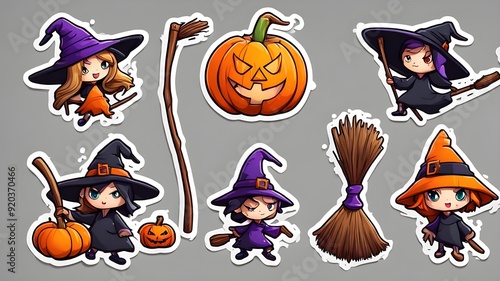 set of halloween cute witch sticker icons