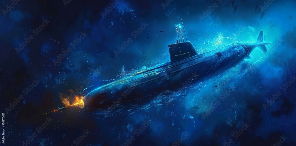Obraz premium A lone submarine ventures into the blue abyss, symbolizing marine discovery.