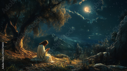 Obraz na płótnie Jesus praying in the Garden of Gethsemane at night w salonie