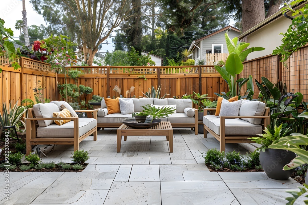 Cozy Outdoor Living Space with Lush Greenery and Comfortable Seating