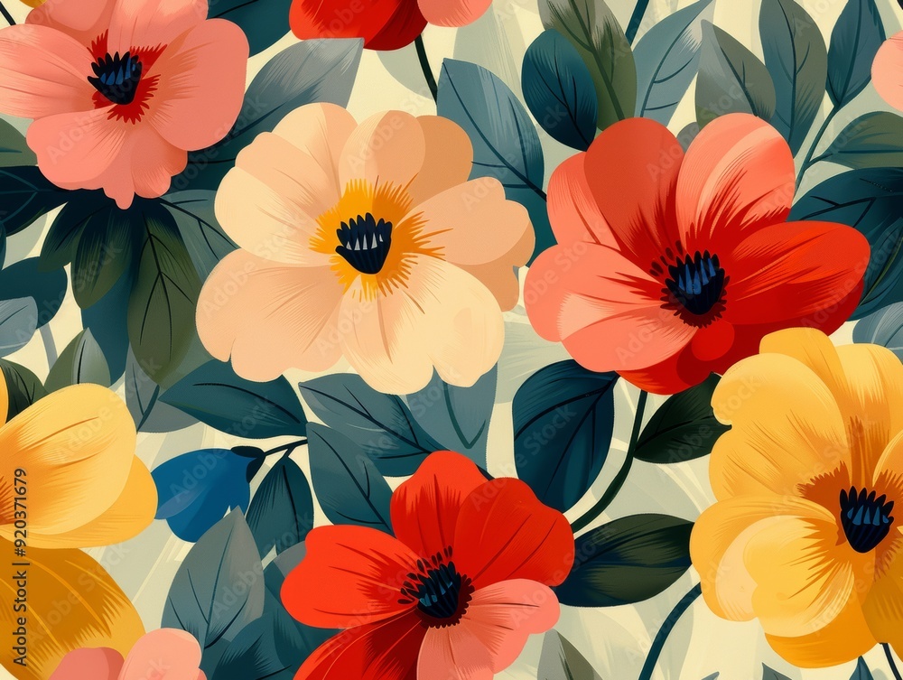 Vibrant Minimalist Floral Pattern with Blooms and Foliage Vibrant Minimalist Floral Pattern with Blooms and Foliage